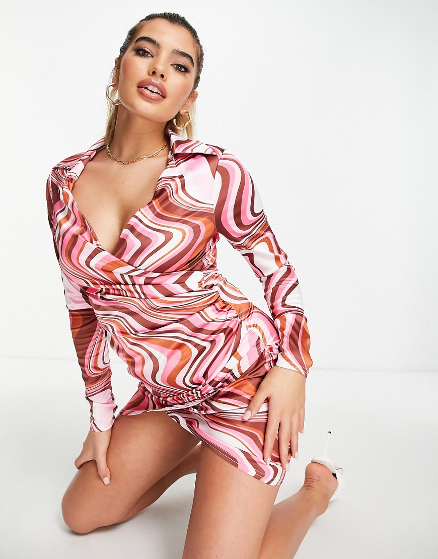 ASOS DESIGN long sleeve sexy slouchy mini shirt dress in swirly print-Multi