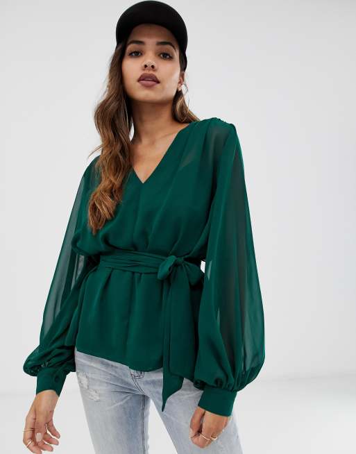 ASOS DESIGN long sleeve sheer belted top with sleeve detail