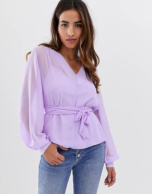 ASOS DESIGN long sleeve sheer belted top with sleeve detail
