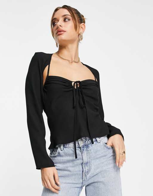 ASOS DESIGN long sleeve sheer blouse with ruched keyhole detail in black