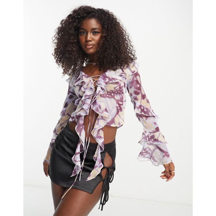ASOS DESIGN long sleeve sheer blouse with ruffle frill detail and flare  sleeve in tonal butterfly print