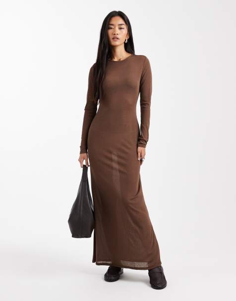 ASOS DESIGN long sleeve sheer double layered midi dress in chocolate - view 1