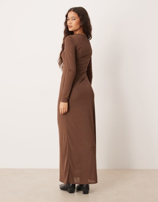 ASOS DESIGN long sleeve sheer double layered midi dress in chocolate, 3 of 4