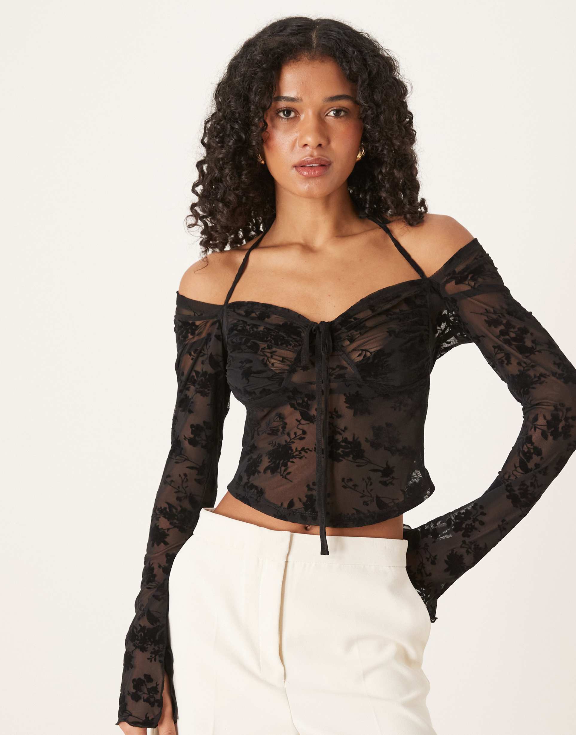 asos design long sleeve sheer flocked floral mesh top in black