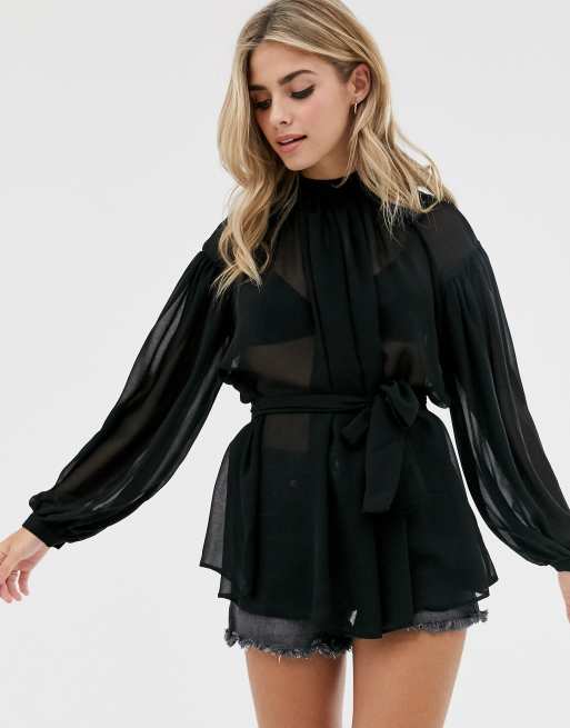 ASOS DESIGN long sleeve sheer high neck top with volume sleeve ASOS