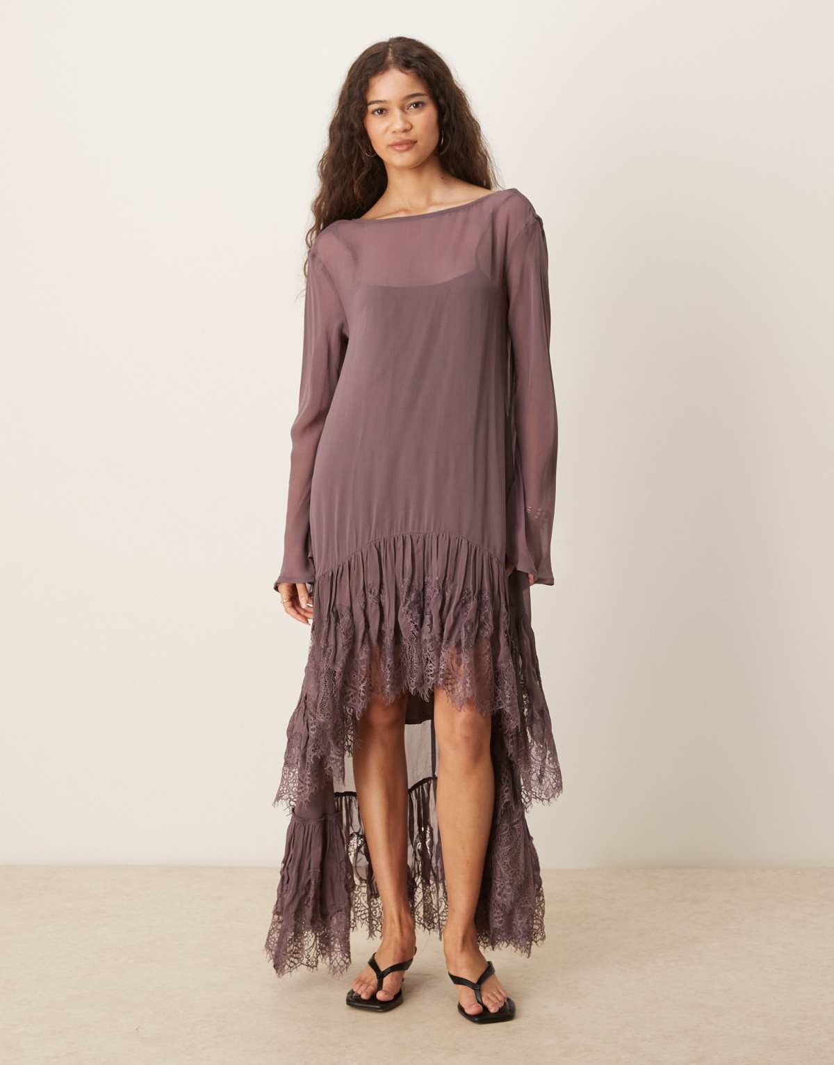 ASOS DESIGN long sleeve sheer lace detailed asymmetric hem maxi dress in deep fudge