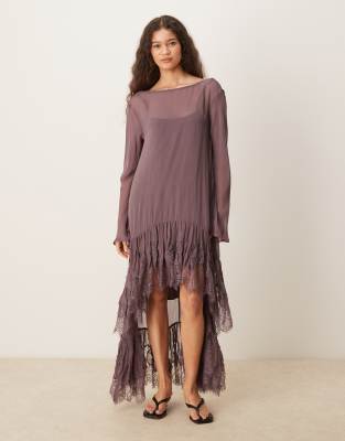 ASOS DESIGN long sleeve sheer lace detailed asymmetric hem maxi dress in deep fudge