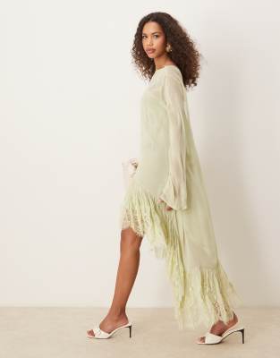 ASOS DESIGN long sleeve sheer lace detailed asymmetric hem maxi dress in  green | ASOS