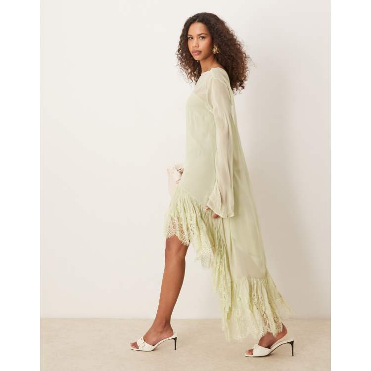 ASOS DESIGN long sleeve sheer lace detailed asymmetric hem maxi dress in  green | ASOS