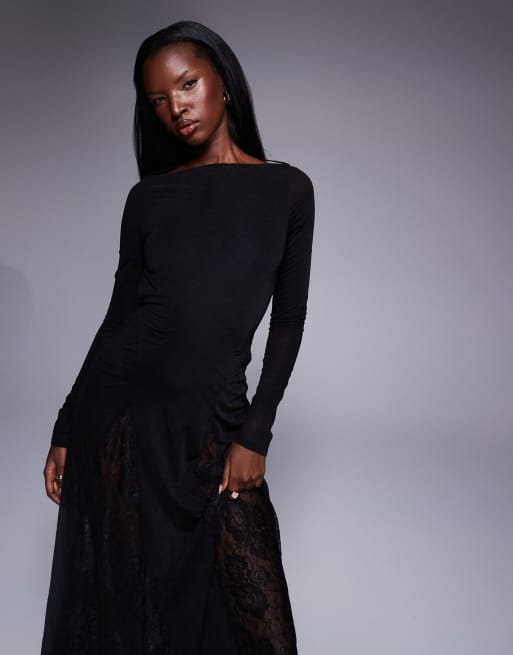 ASOS DESIGN long sleeve sheer maxi dress with lace panel godets and bodysuit in black