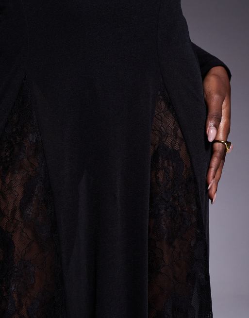ASOS DESIGN long sleeve sheer maxi dress with lace panel godets and bodysuit in black