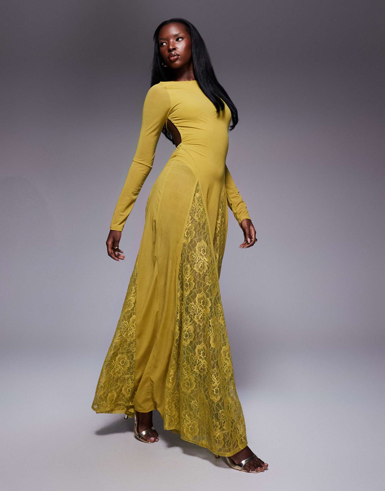 ДИЗАЙНЕРСКОЕ прозрачное макси-платье ASOS с длинным рукавом, кружевными вставками-бантиками и боди зеленого цвета