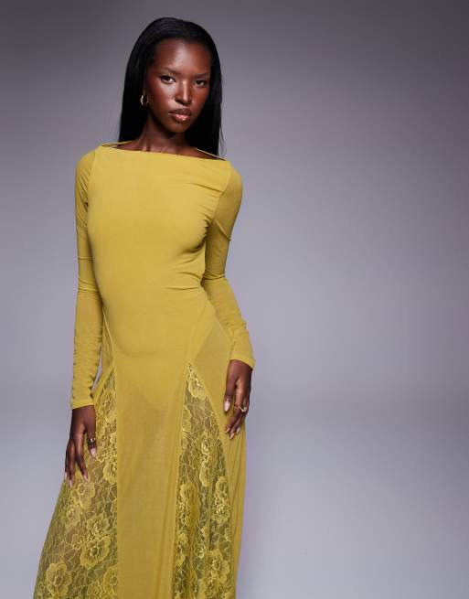 ASOS DESIGN long sleeve sheer maxi dress with lace panel godets and bodysuit in green
