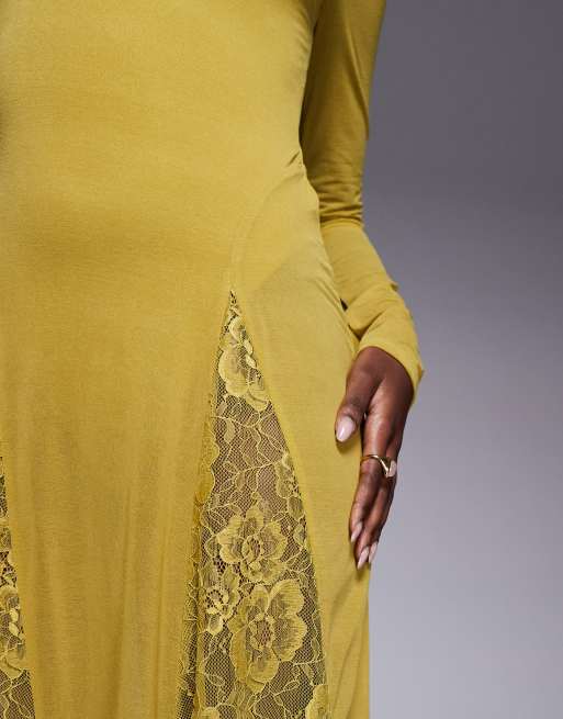 ASOS DESIGN long sleeve sheer maxi dress with lace panel godets and bodysuit in green