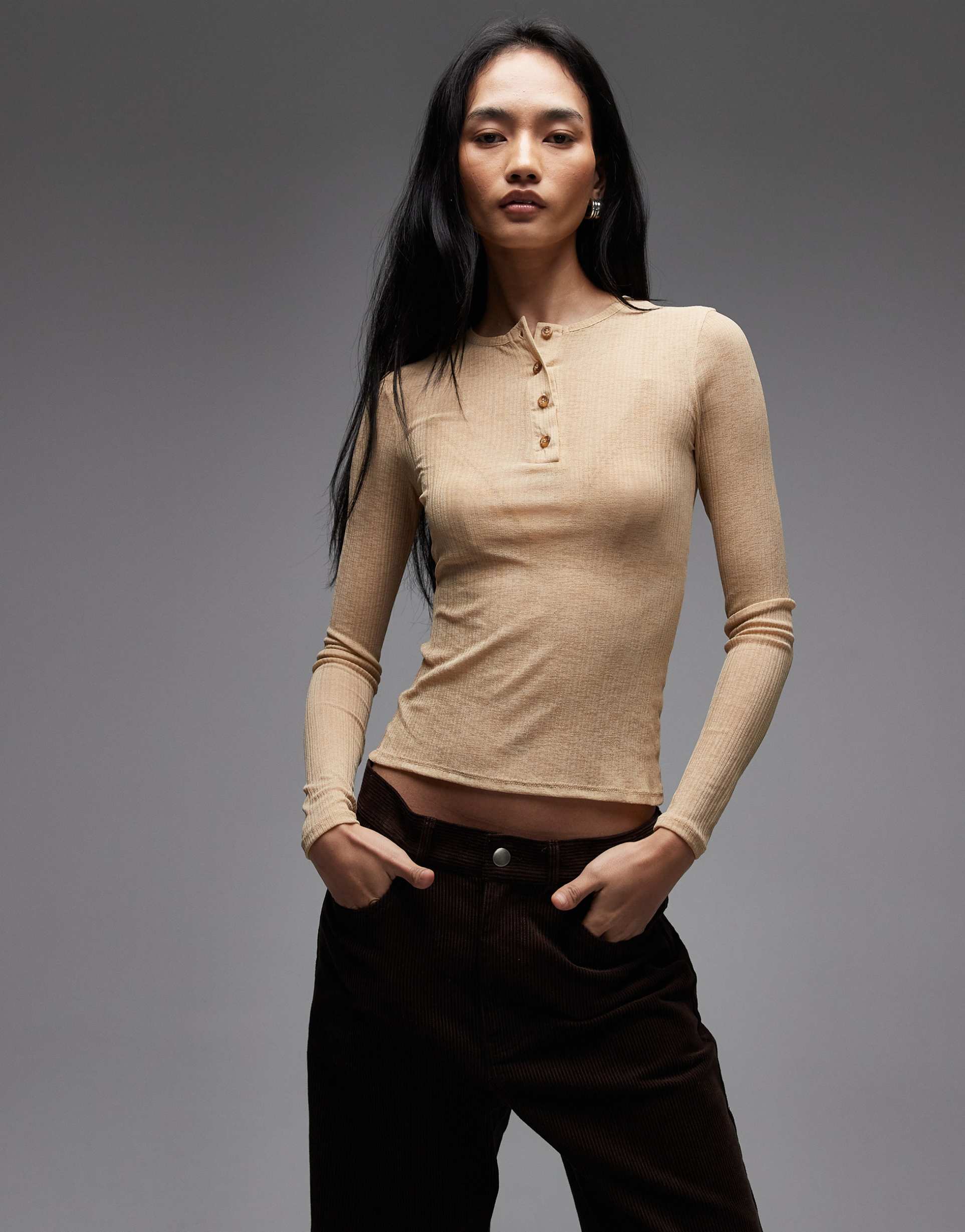 asos design long sleeve sheer onion ribbed top in sand