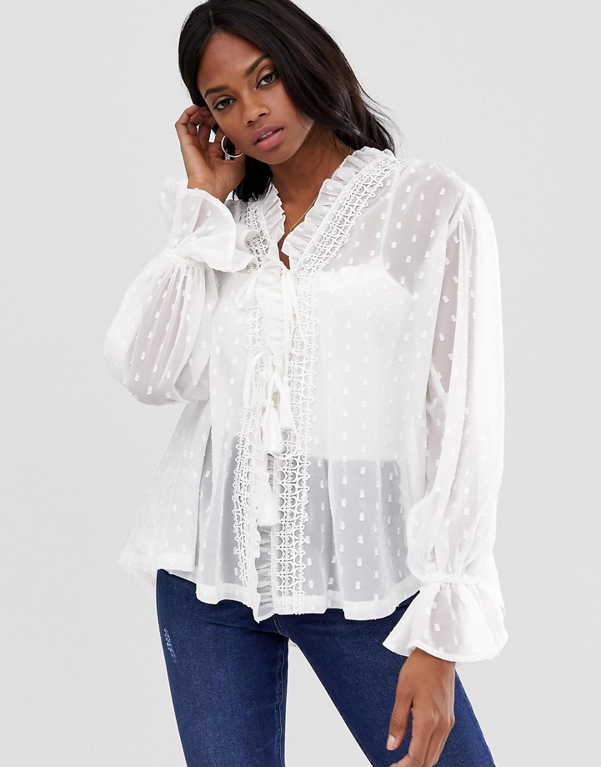 ASOS DESIGN long sleeve sheer open blouse in dobby-White