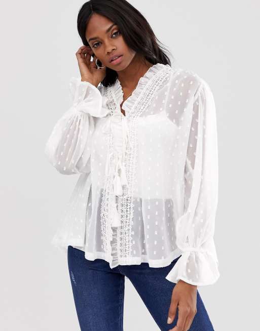 ASOS DESIGN Going Out ruffle front sheer blouse in white