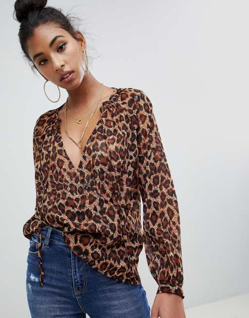 ASOS DESIGN long sleeve sheer oversized wrap blouse with tie neck in ...