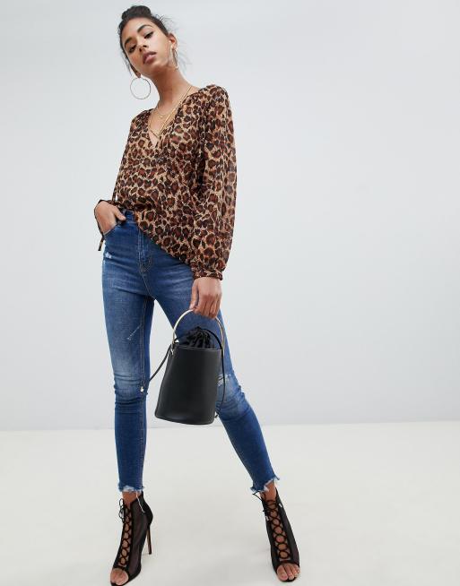 ASOS DESIGN long sleeve sheer oversized wrap blouse with tie neck in  leopard animal print