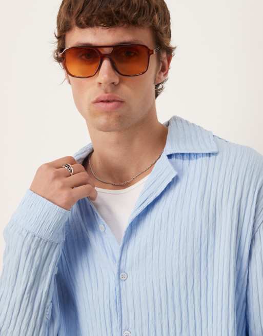 ASOS DESIGN long sleeved sheer stripe shirt in pale blue
