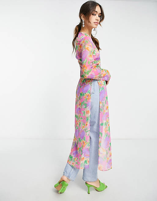 misundelse demonstration elevation ASOS DESIGN long sleeve sheer tie front maxi kimono in pink & bright print  | ASOS
