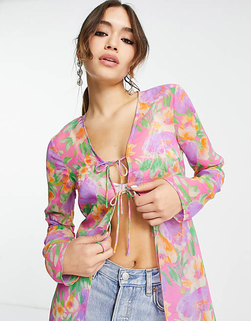 ASOS DESIGN long sleeve sheer tie front maxi kimono in pink & bright print