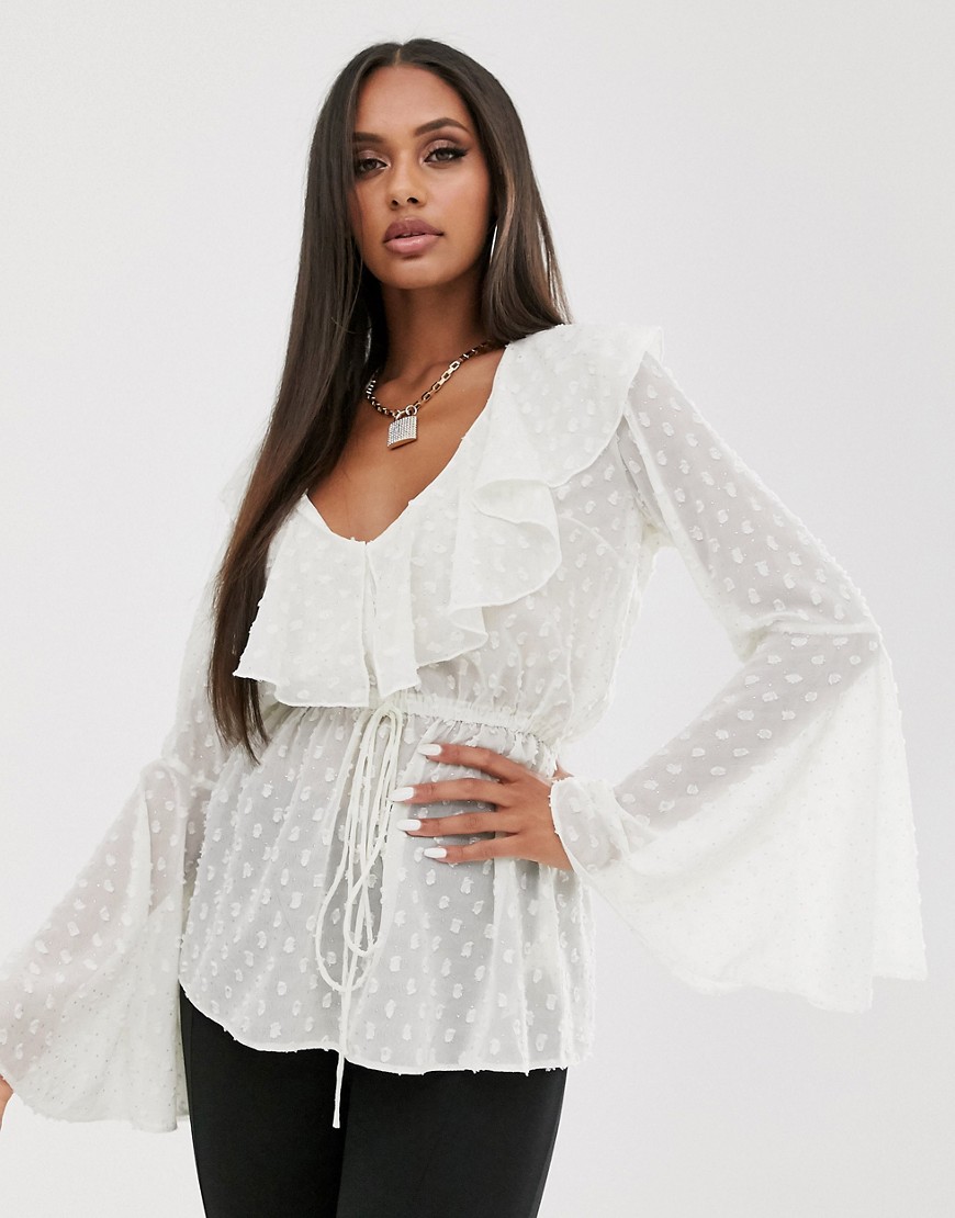 ASOS DESIGN long sleeve sheer top with lace up detail in metallic dobby-White