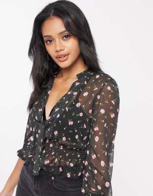 ASOS DESIGN long sleeve floral top with shirring