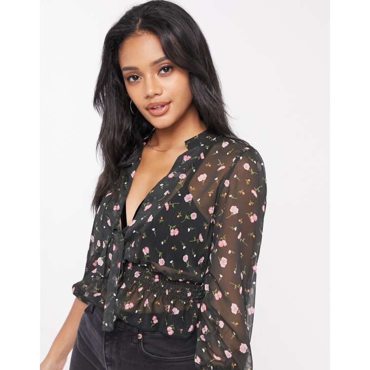 ASOS DESIGN long sleeve sheer top with shirred waist and tie detail in rose  floral print