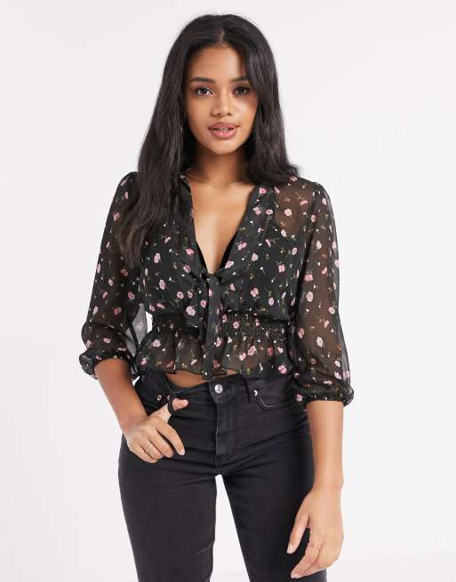 ASOS DESIGN long sleeve sheer top with shirred waist and tie detail in rose  floral print