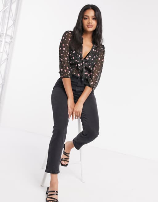 ASOS DESIGN long sleeve sheer top with shirred waist and tie detail in rose  floral print