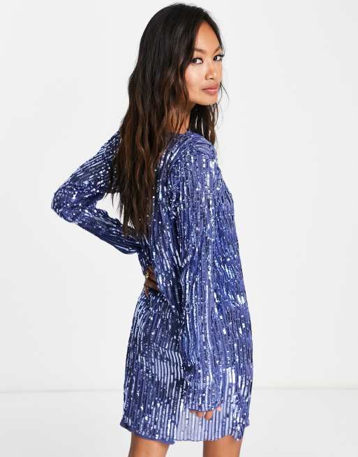 ASOS DESIGN long sleeve shift mini dress in plisse sequin in blue