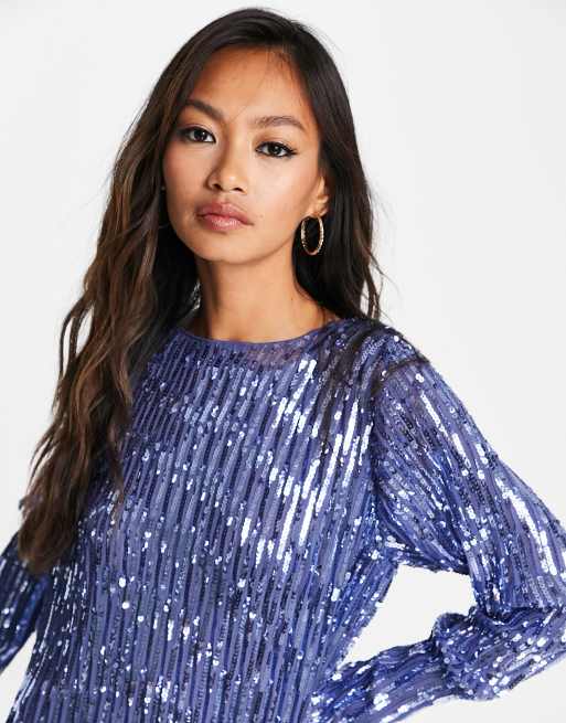 ASOS DESIGN sequin embellished cami mini dress with belt in blue - ShopStyle