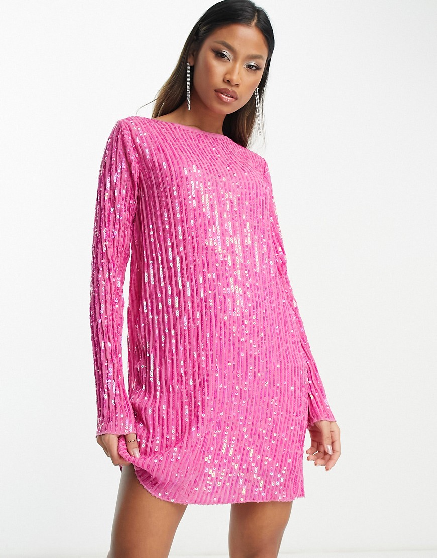 ASOS DESIGN long sleeve shift mini dress in plisse sequin in pink-Neutral