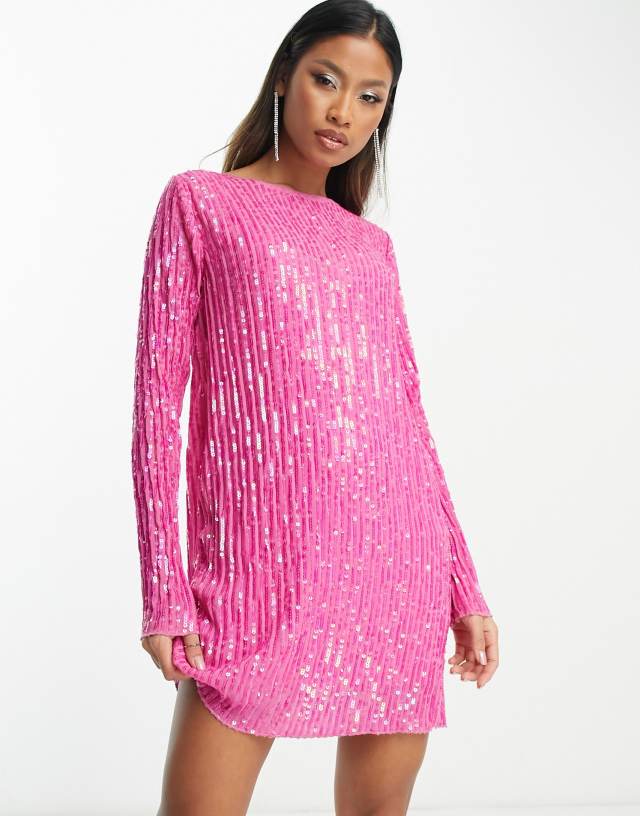 ASOS DESIGN long sleeve shift mini dress in plisse sequin in pink