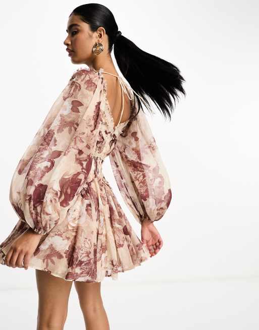 Asos design long sleeve mini dress in floral print with cluster embellishment detail and circle trims best sale