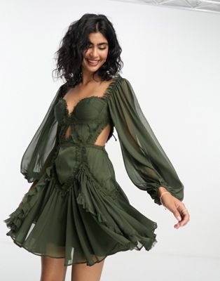 ASOS DESIGN long sleeve shirred corset mini dress with cut out in dark green