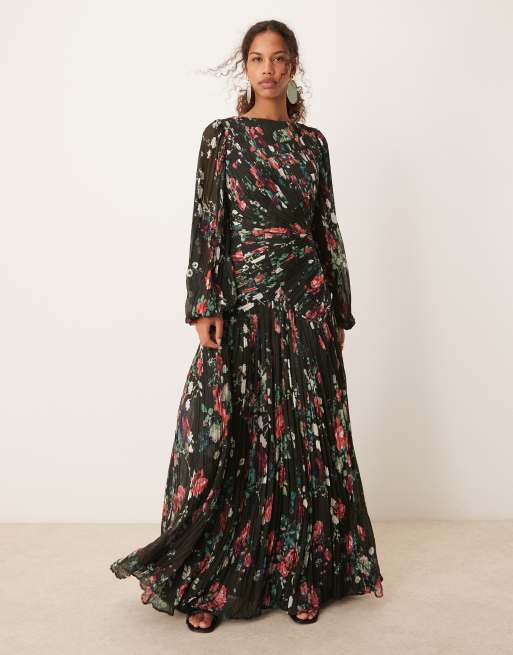 long sleeve crinkle dress ASOS DESIGN long sleeve shirred crinkle maxi dress with dropped waist in  khaki floral print