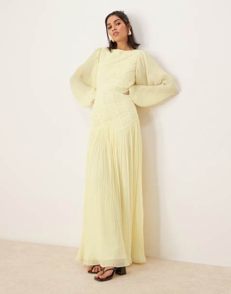 ASOS DESIGN long sleeve shirred crinkle maxi dress with dropped waist in lemon yellow - view 1
