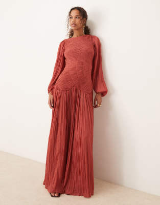 ASOS DESIGN long sleeve shirred crinkle maxi dress with dropped waist ...
