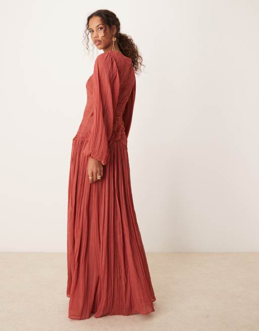 ASOS DESIGN long sleeve shirred crinkle maxi dress with dropped waist in red