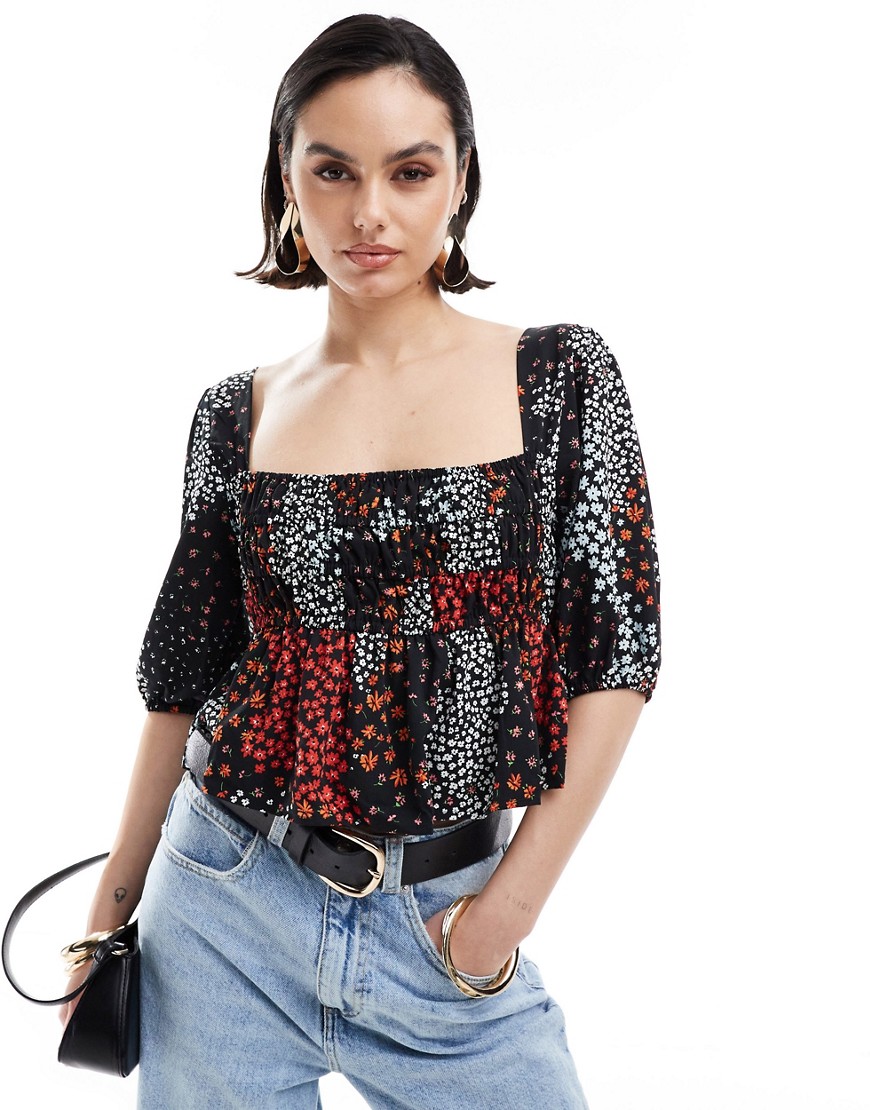 ASOS DESIGN long sleeve shirred square neck top in ditsy print-Multi