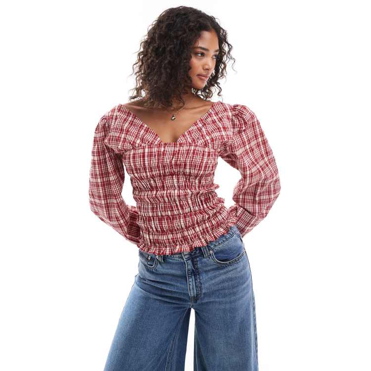 ASOS DESIGN long sleeve shirring detail blouse in red check