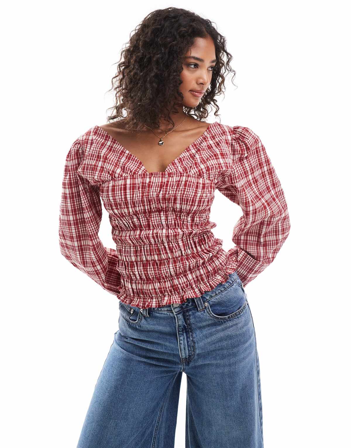 ASOS DESIGN long sleeve shirring detail blouse in red check