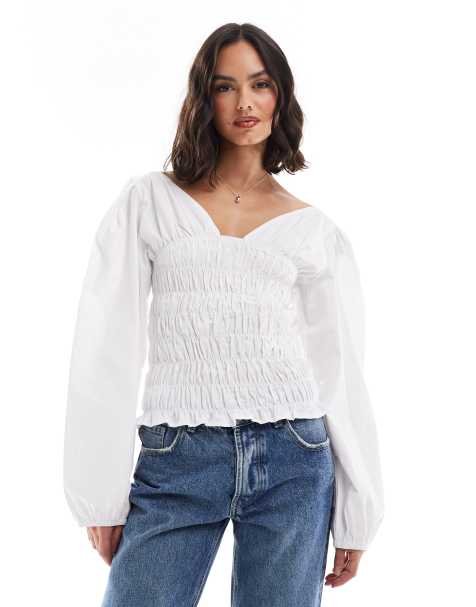 ASOS DESIGN long sleeve shirring detail blouse in white - view 1