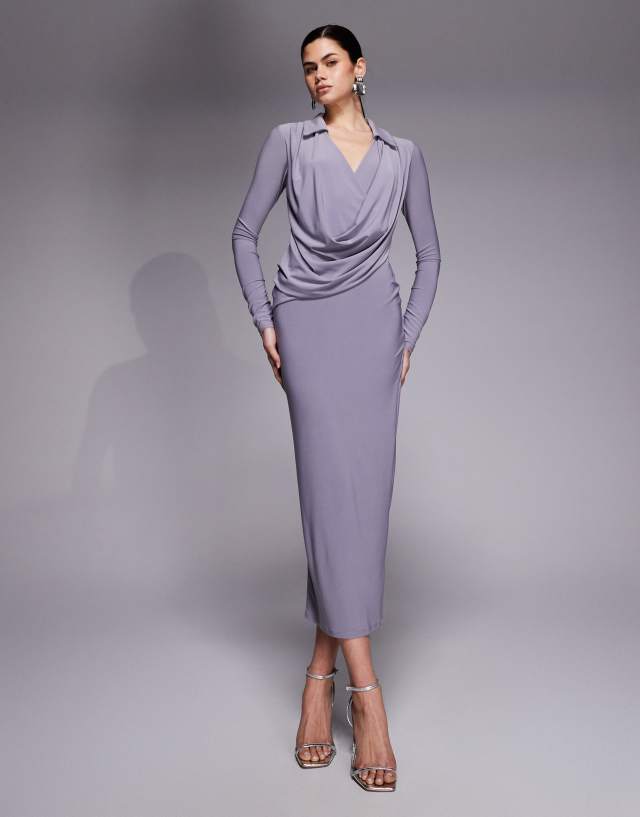 ASOS DESIGN long sleeve shirt draped midi dress in lilac