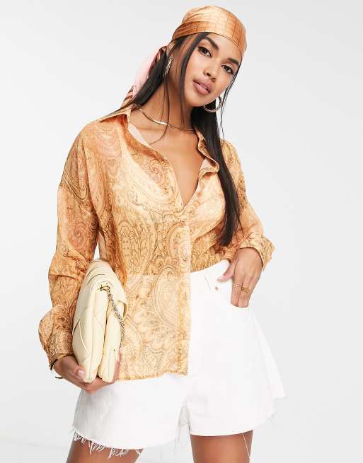 ASOS DESIGN long sleeve shirt in orange paisley print