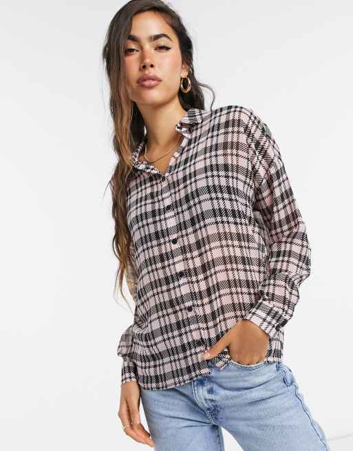 ASOS DESIGN long sleeve shirt in pink houndstooth | ASOS