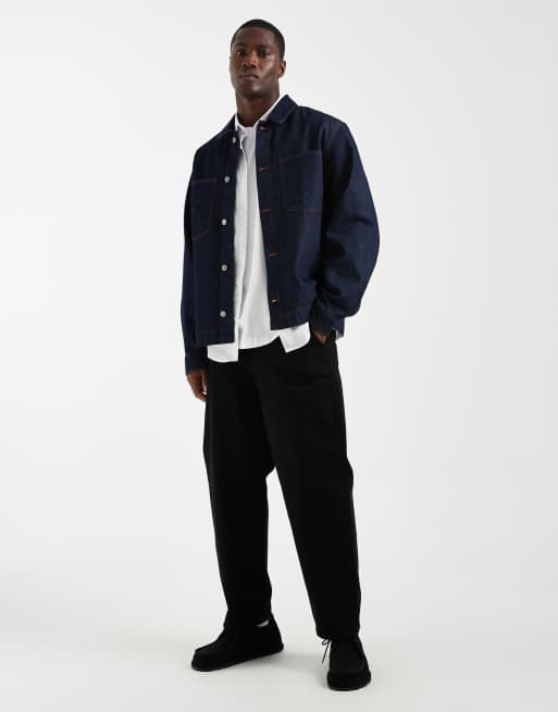 ASOS DESIGN long sleeve shirt in raw indigo denim with contrast red stitch, 2 of 5