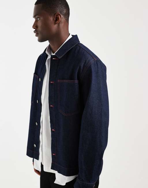 ASOS DESIGN long sleeve shirt in raw indigo denim with contrast red stitch, 4 of 5
